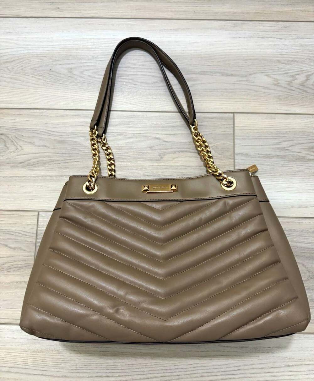 Michael Kors Whitney Medium Quilted Chevron Tote Taupe Gold Chain Shoulder Bag
